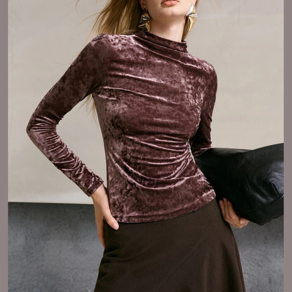 Brick Mute Red Crushed Velvet Funnel Neck Long Sleeve Slim Fit Tee Top